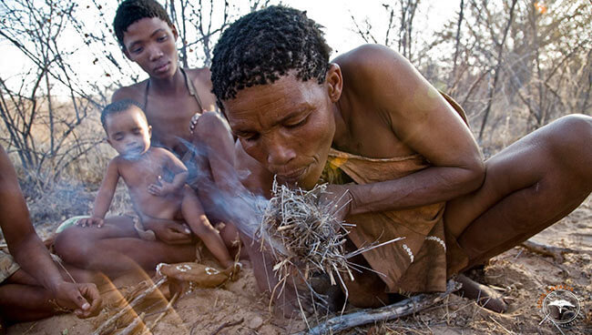 Un bushman essayant de faire du feu dans le désert du Kalahari au Botswana @Sous l'Acacia
